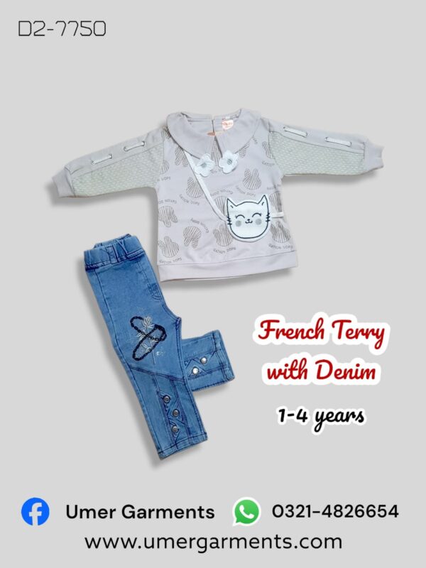 Gray French Terry with Denim Suit for Girls